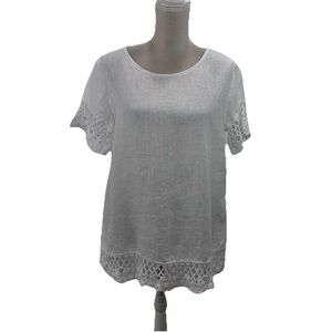 Marina Gigli Linen Top Women Large White Lace Blouse Lagenlook Beach Minimal